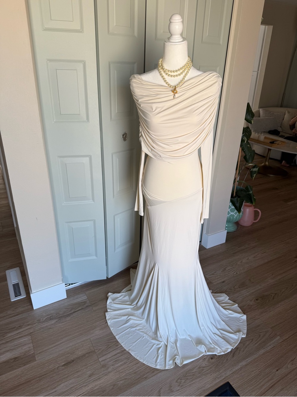 Elegant Cream Maxi Dress with Draped Bodice